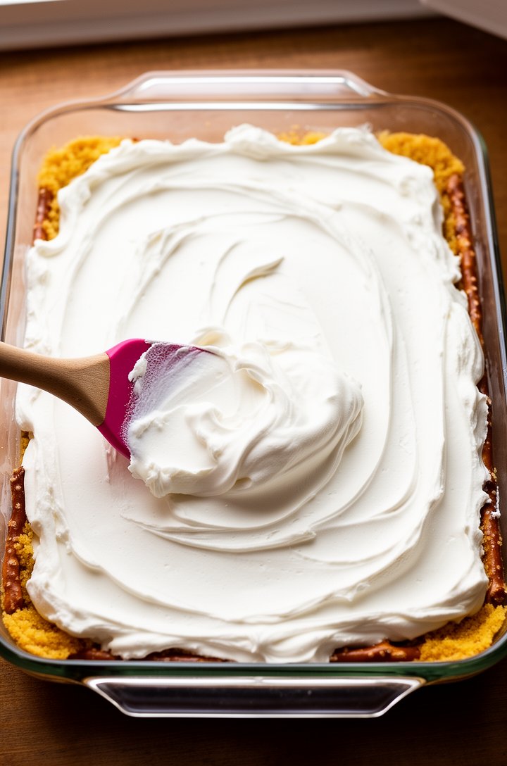 Close-up overhead shot of a spatula spreading thick white cream cheese and Cool Whip filling over the golden baked pretzel crust in a glass 13x9 dish, the filling being carefully pushed to the very ed