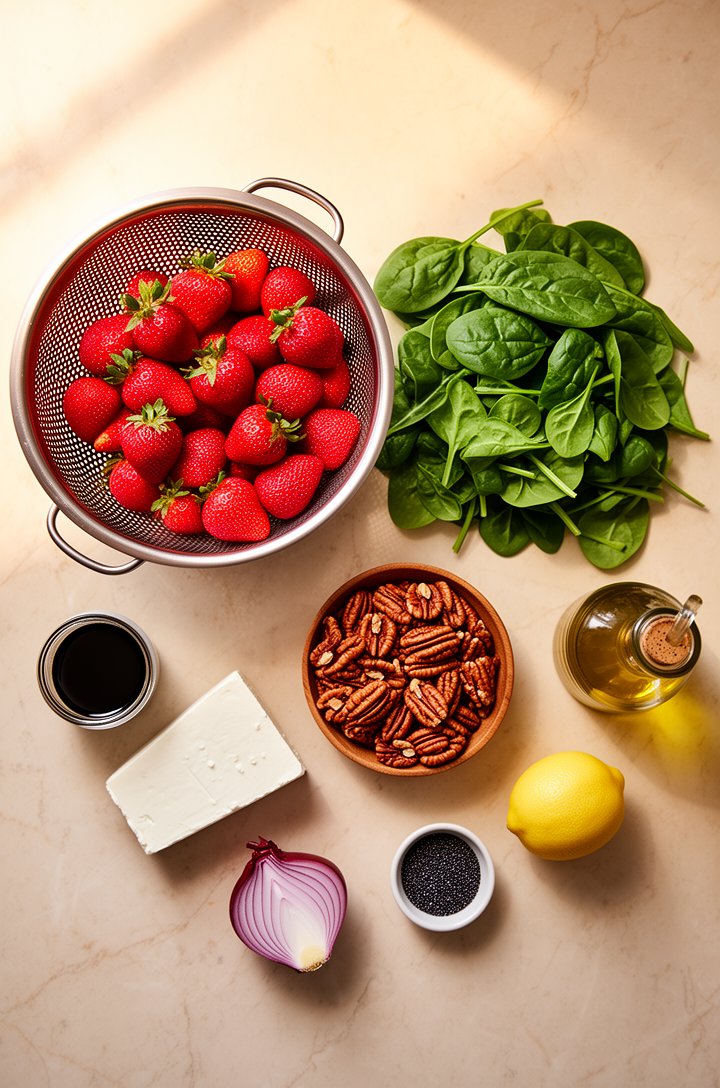 Overhead flat-lay of strawberry salad ingredients arranged on a light marble countertop — a colander of bright red whole strawberries, a mound of fresh baby spinach, a small wooden bowl of raw pecans,