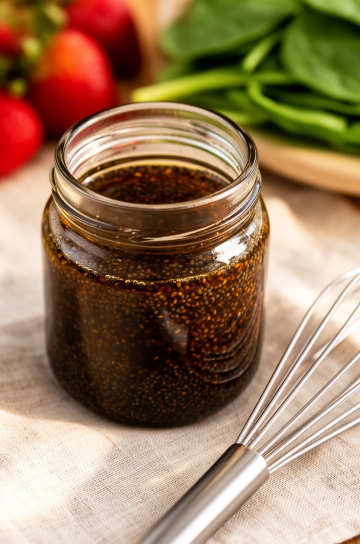 Close-up 45-degree angle of a small glass jar filled with dark amber poppy seed balsamic dressing, tiny black poppy seeds suspended throughout the vinaigrette, a whisk resting beside the jar on a ligh