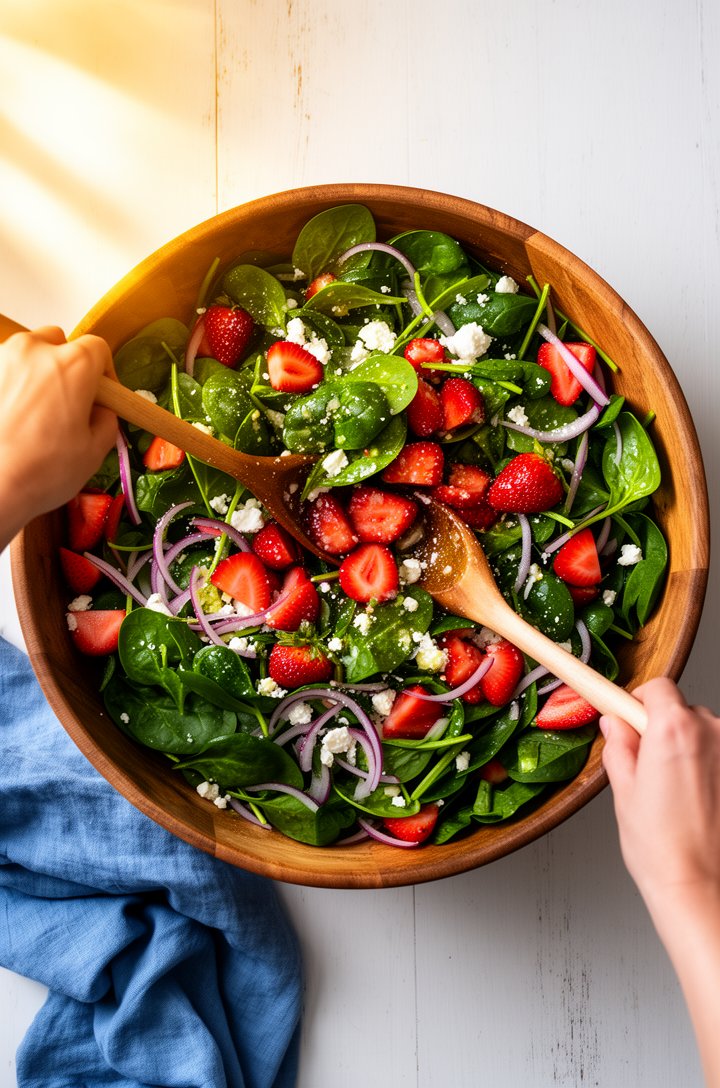 Action shot from above of hands tossing a large wooden bowl of spinach strawberry salad with wooden serving utensils, dressing glistening on the leaves, quartered strawberries tumbling through bright 
