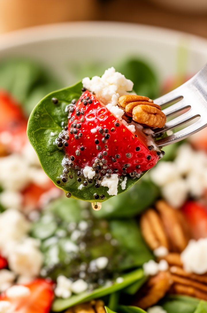 Extreme close-up macro of a forkful of strawberry spinach salad lifted from the bowl, a quartered strawberry and spinach leaf coated in glossy poppy seed dressing, a crumble of white feta and a piece 