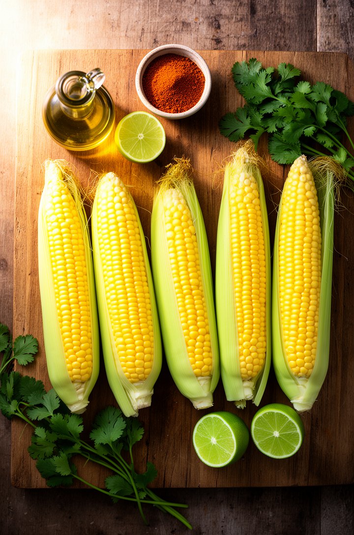 Overhead flat-lay of five ears of fresh corn on a rustic wooden cutting board, a small bowl of chili powder and a bottle of olive oil beside them, a lime cut in half with bright green flesh, scattered