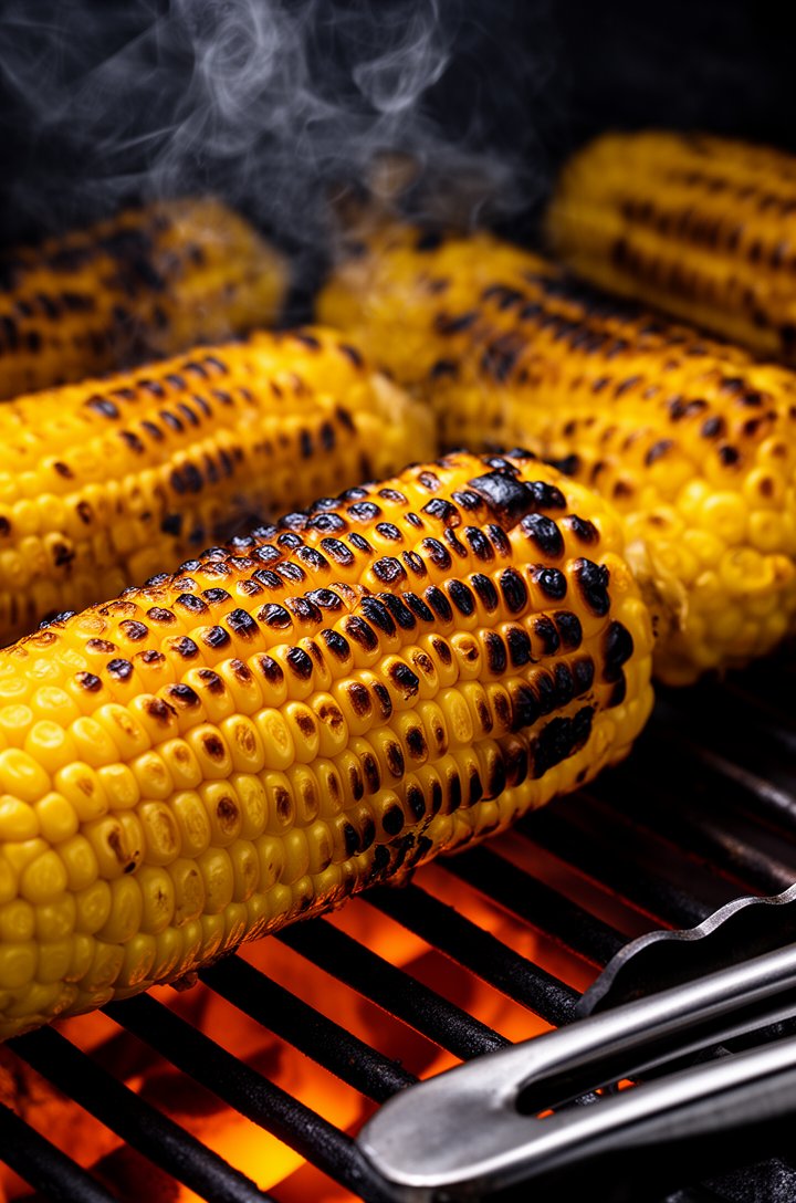 Close-up 45-degree angle of charred corn ears on grill grates, deep golden-brown char marks visible on the kernels, some kernels blistered and caramelized, wisps of smoke rising, tongs resting on the 