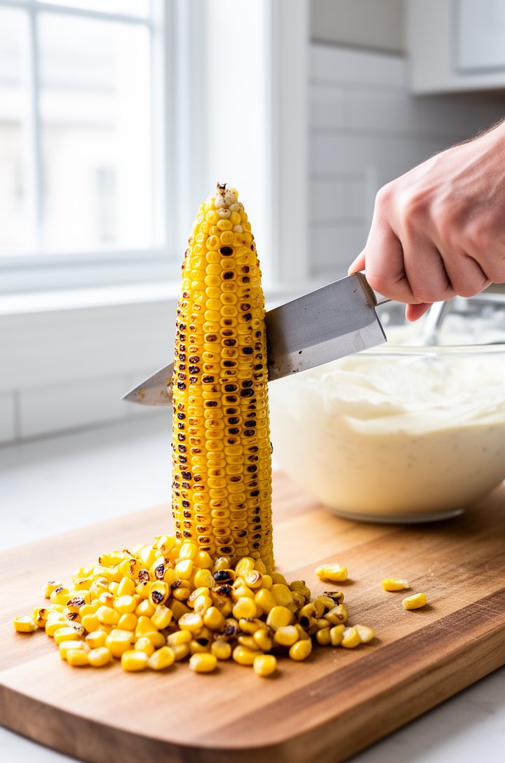 Action shot of a hand using a sharp knife to slice golden charred corn kernels off the cob, the cob standing upright on a wooden cutting board, kernels falling in a pile showing their charred golden s