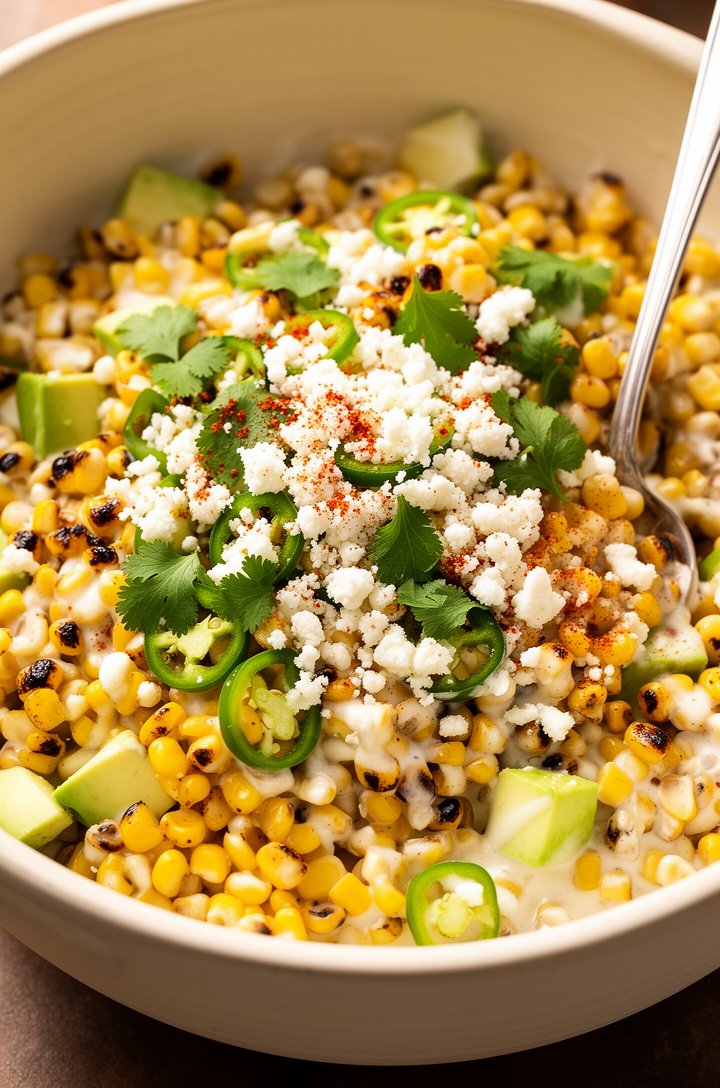 Extreme close-up macro shot of finished street corn salad in a wide cream ceramic bowl, golden charred corn kernels coated in creamy white dressing, crumbled white cotija cheese and bright green cilan