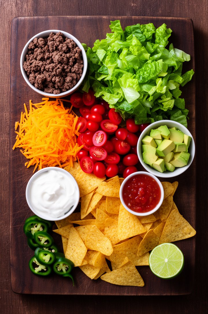 Overhead flat-lay of taco salad ingredients arranged on a dark wooden cutting board before assembly — a small bowl of browned seasoned ground beef, a pile of chopped bright green romaine, halved ruby-