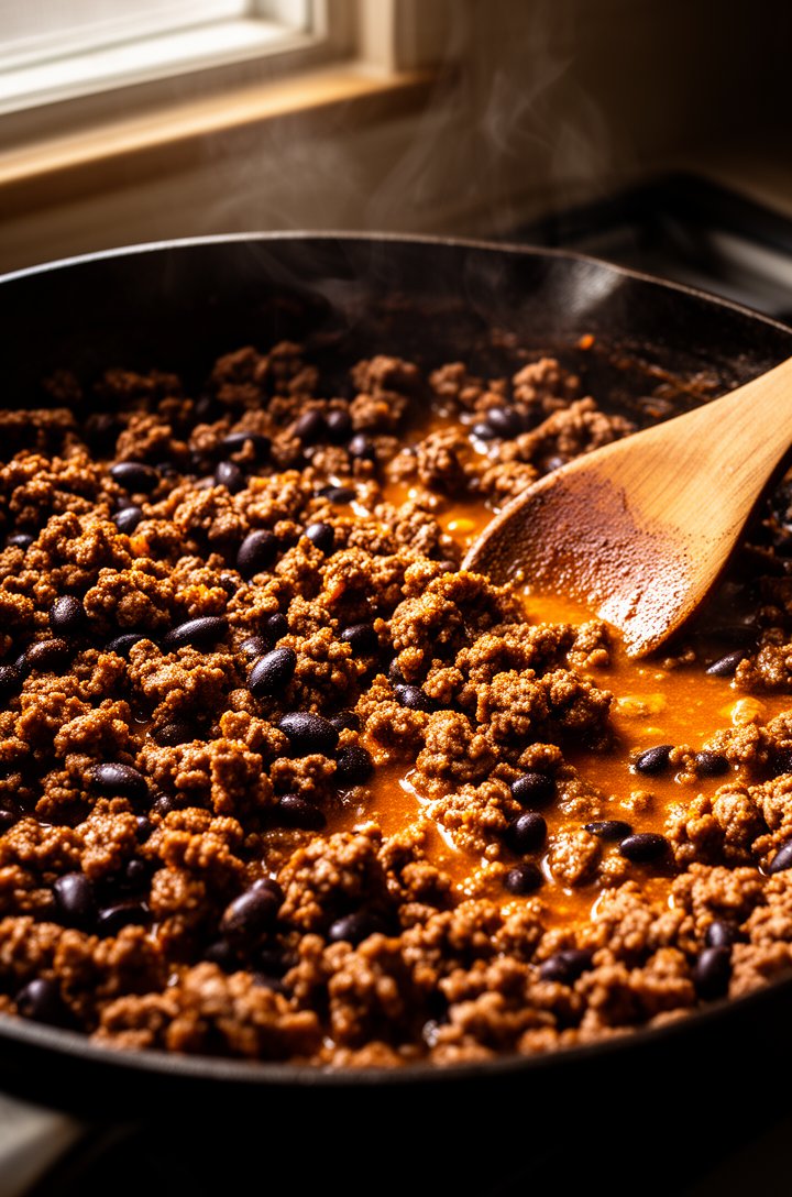 Close-up 30-degree angle of seasoned ground beef crumbles simmering in a dark skillet with black beans, the taco seasoning sauce thick and glossy coating each piece of meat, visible cumin-orange color