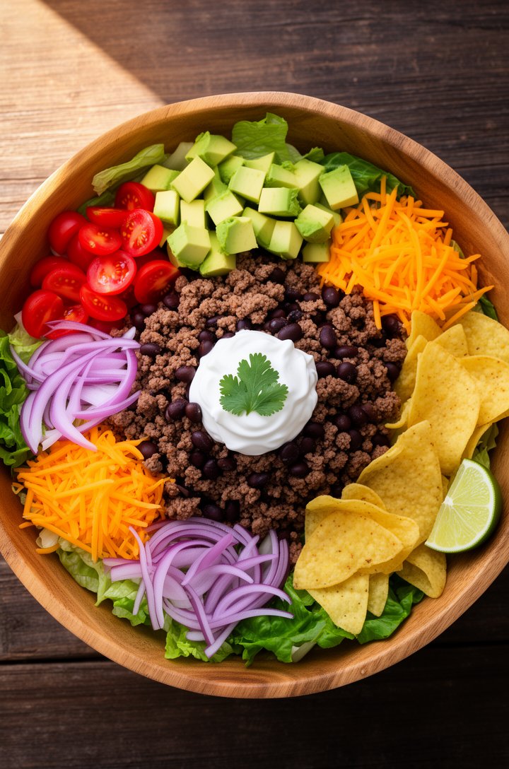 Overhead shot looking directly into a large wooden bowl filled with loaded taco salad — bed of chopped romaine lettuce topped with seasoned ground beef crumbles and black beans in the center, sections