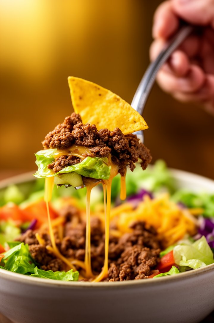 Side-angle close-up of someone lifting a loaded forkful from a taco salad bowl — seasoned beef, a piece of tortilla chip, a strand of melted cheese, and a piece of lettuce all visible on the fork, the