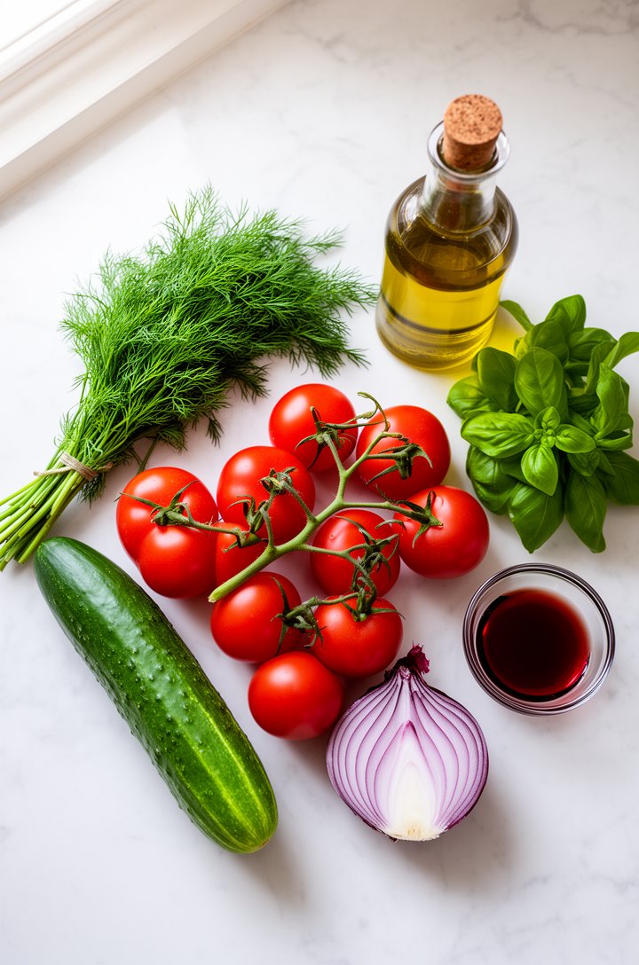 Overhead flat-lay of whole ripe red vine tomatoes, an English cucumber, a halved red onion, a small bundle of fresh dill and basil, a bottle of olive oil, and a small glass dish of red wine vinegar, a