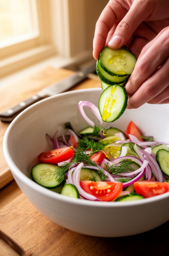 Close-up 45-degree angle of hands tossing sliced cucumbers, tomato wedges, and thin red onion rings in a large white ceramic bowl, fresh dill sprigs visible among the vegetables, olive oil drizzle gli
