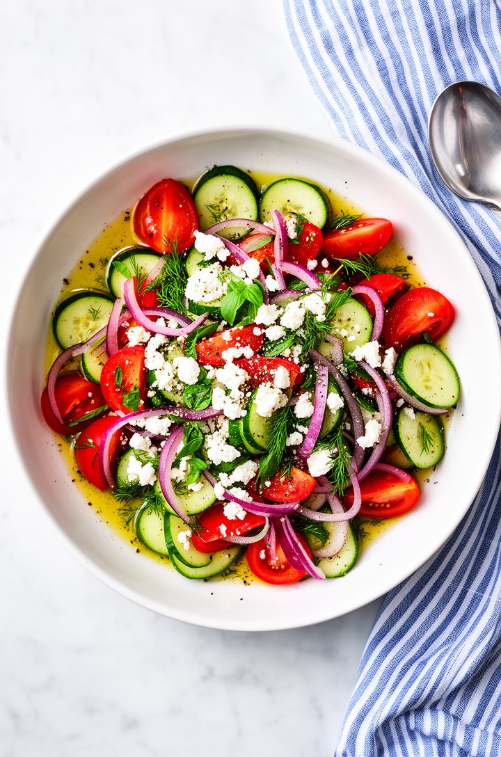 Overhead shot looking directly down into a wide white serving bowl filled with finished tomato cucumber salad, vibrant red tomato wedges and green cucumber half-moons glistening with olive oil dressin