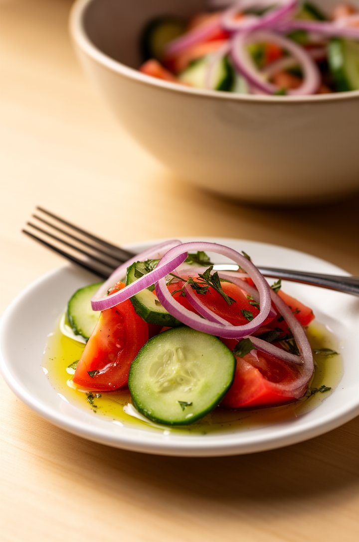 Side angle 30-degree shot of a portion of tomato cucumber salad served on a small white plate, a fork resting on the plate, crisp cucumber slices and juicy tomato wedges with visible olive oil sheen, 