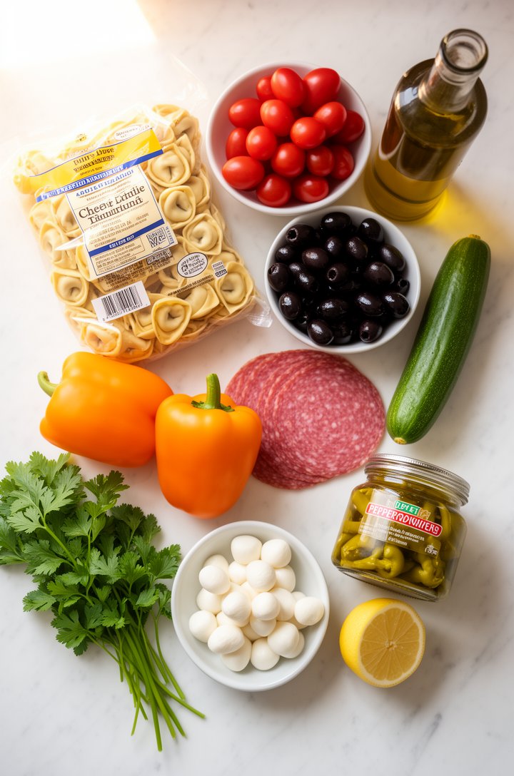 Overhead flat-lay of tortellini pasta salad ingredients arranged on a white marble countertop — a bag of refrigerated cheese tortellini, a pint of bright red cherry tomatoes, a bowl of glossy black ol