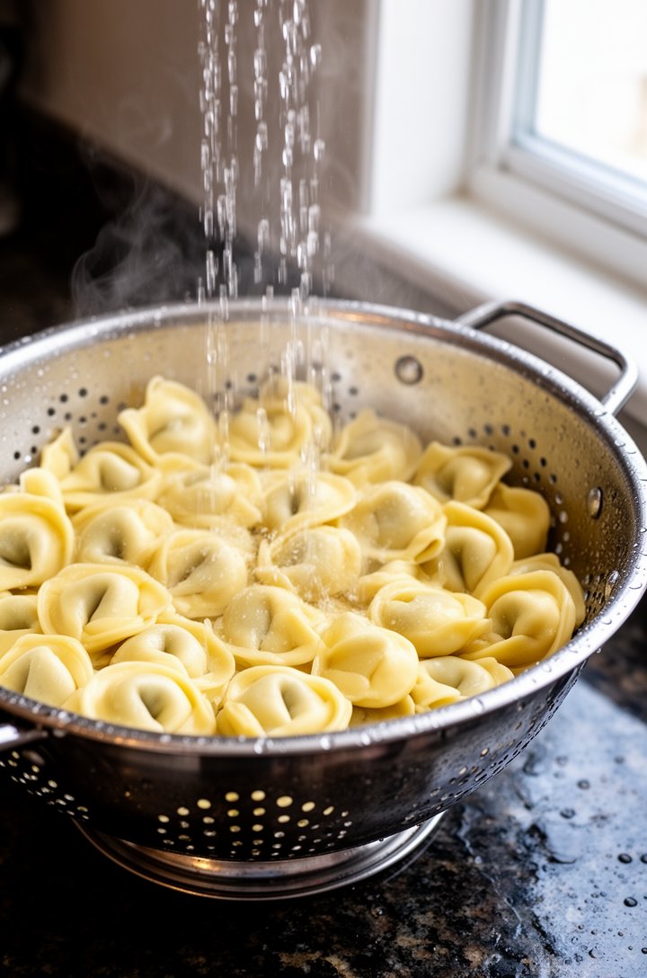 Close-up 45-degree angle of cooked cheese tortellini in a colander being rinsed under cold running water, plump pale-golden pasta pillows glistening with water droplets, steam still rising slightly, s