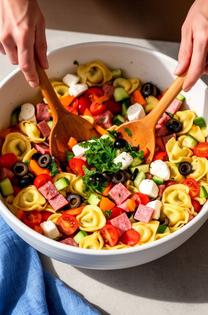 Action shot from slightly above of hands tossing tortellini pasta salad with two wooden serving spoons in a large white ceramic bowl, the salad a vibrant mix of golden tortellini, red cherry tomato ha