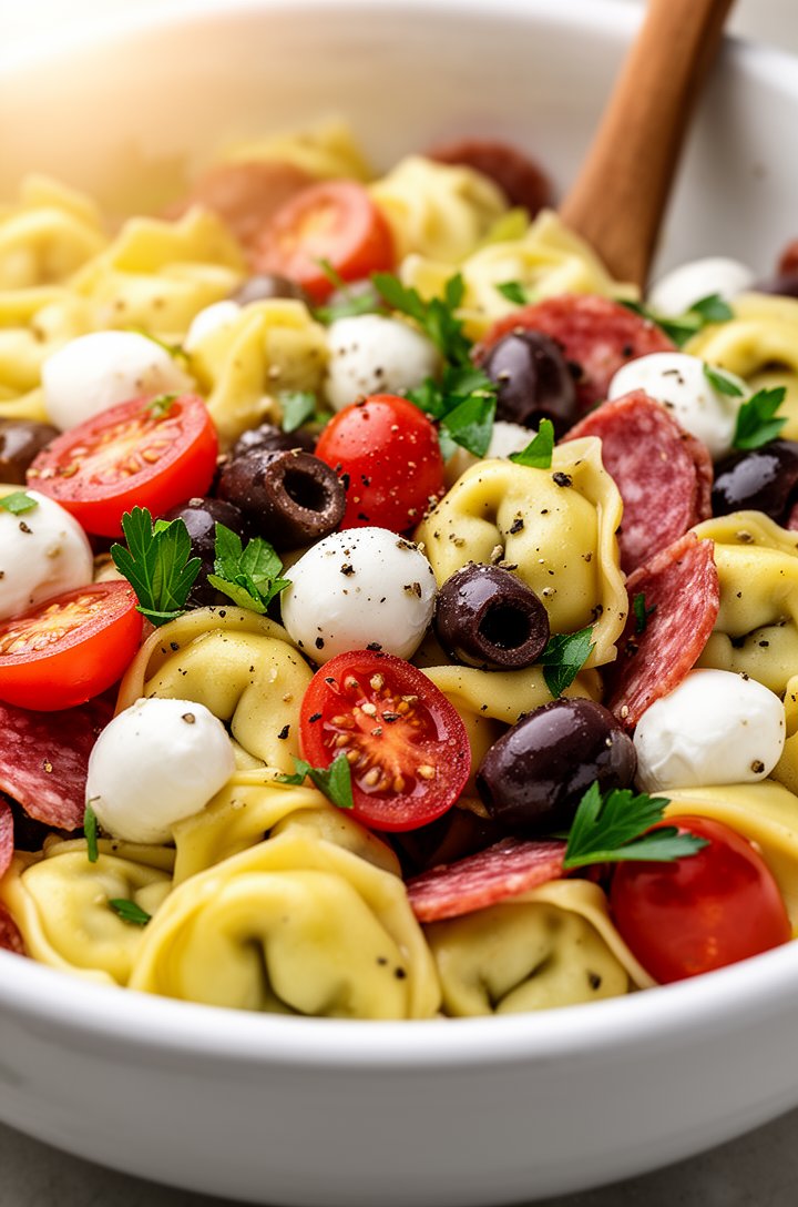 Extreme close-up macro shot looking directly into a large white serving bowl of finished tortellini pasta salad, tortellini filling the frame with glistening vinaigrette coating, halved cherry tomatoe