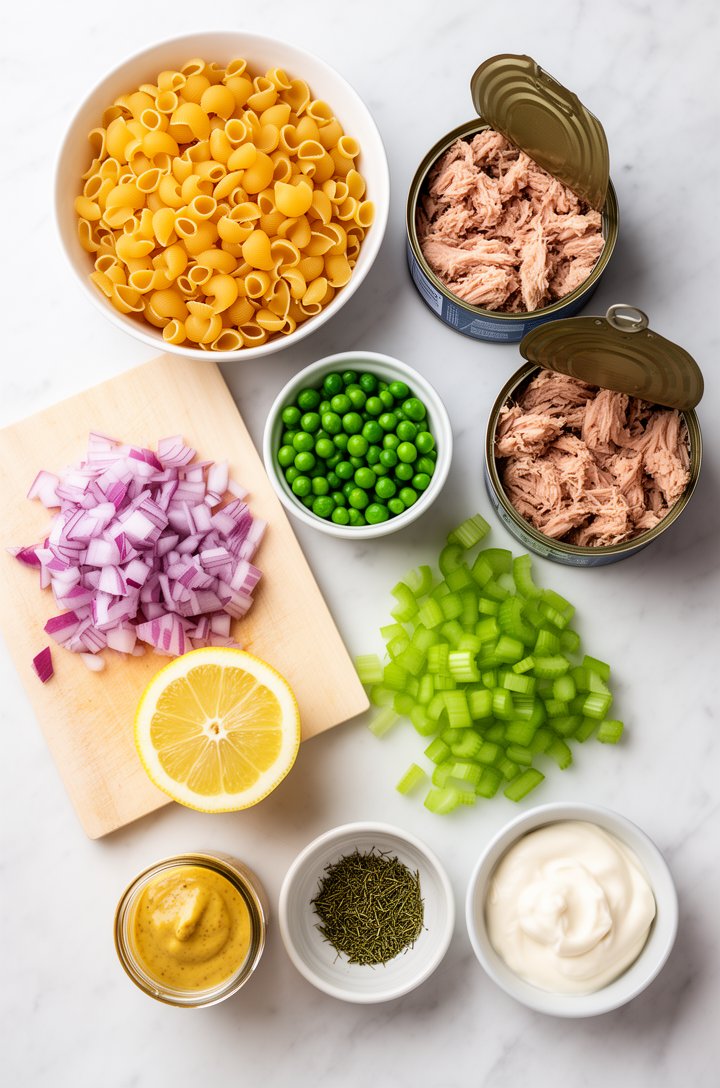 Overhead flat-lay of tuna pasta salad ingredients arranged on a white marble surface — a bowl of small uncooked shell pasta, two cans of tuna (one open showing flaky white fish), a small bowl of brigh