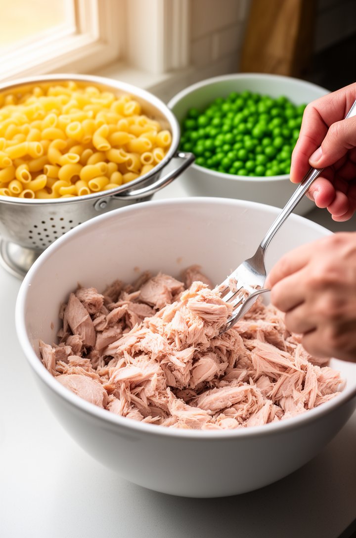 Close-up 45-degree angle of hands using a fork to flake drained albacore tuna into a large white mixing bowl, chunks of pale pink-white tuna breaking apart, a colander of cooled shell pasta and bright