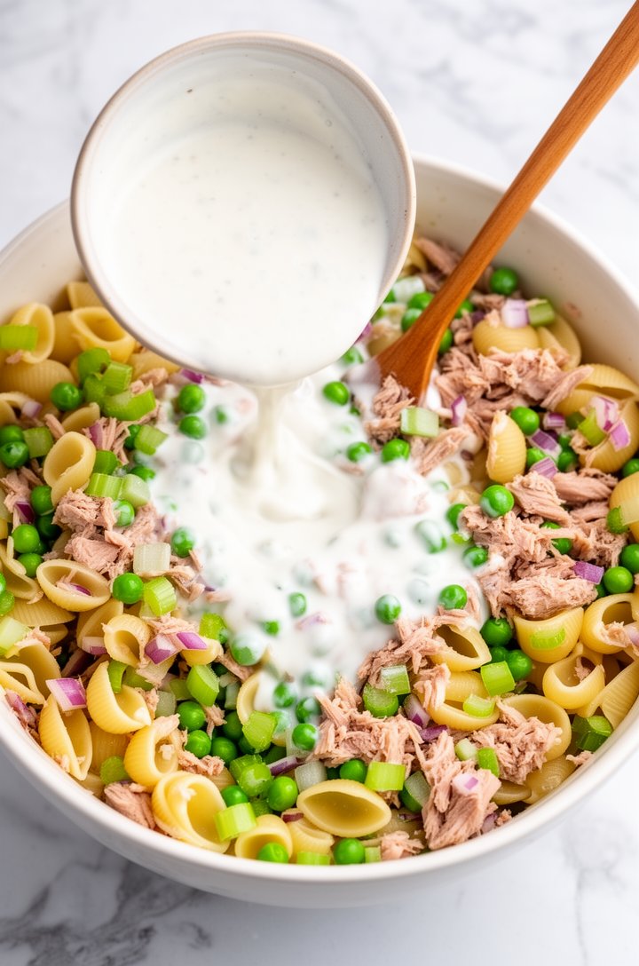 Action shot of creamy white dressing being poured from a small bowl onto a large bowl of shell pasta mixed with flaked tuna, green peas, diced celery, and bits of red onion, dressing pooling and coati