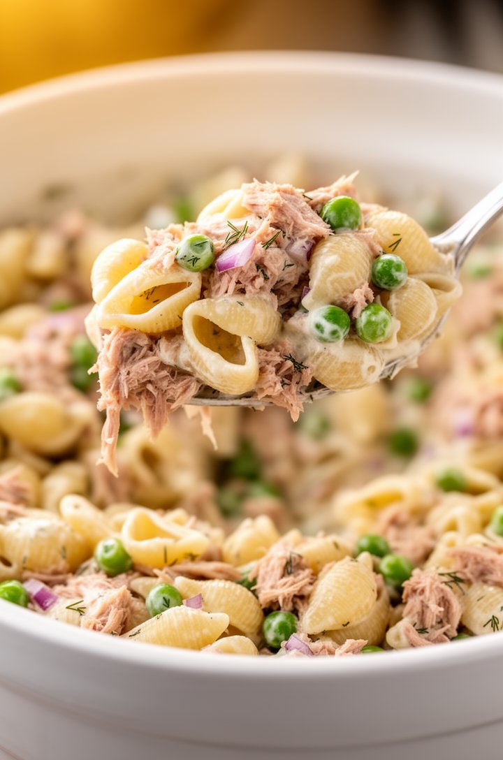 Extreme close-up macro shot of a generous spoonful of tuna pasta salad being lifted from a large white ceramic serving bowl, individual shell pasta pieces visible with creamy dressing clinging to thei