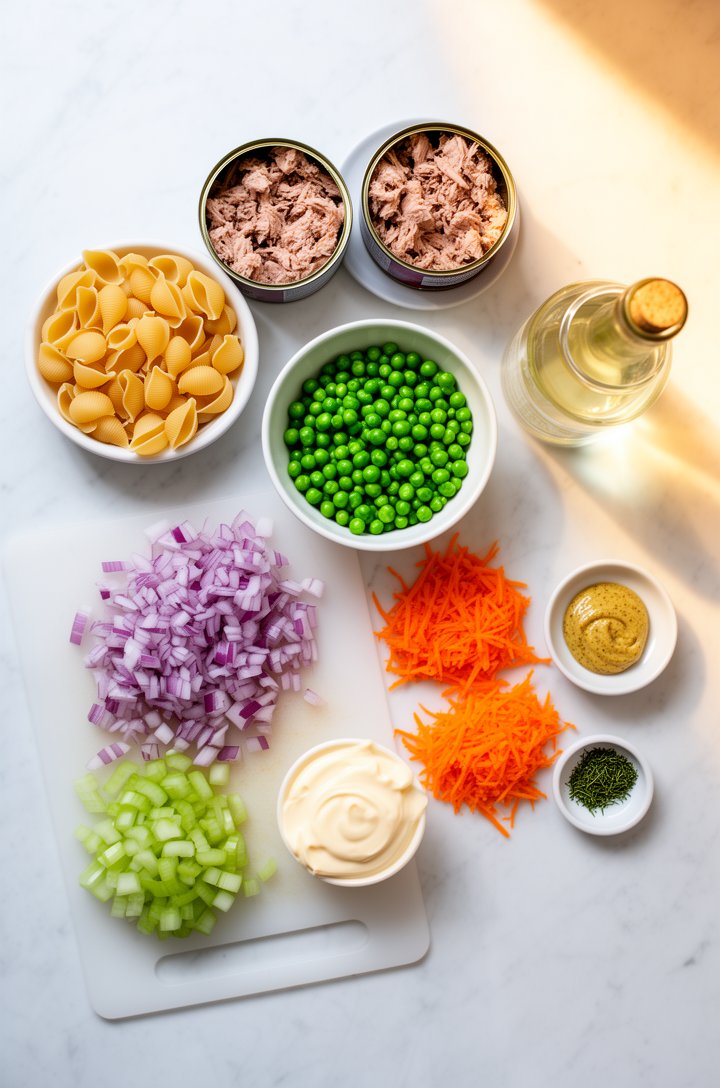 Overhead flat-lay mise en place of tuna pasta salad ingredients arranged on a white marble countertop — a small bowl of uncooked shell pasta, two opened cans of albacore tuna drained in a small dish, 