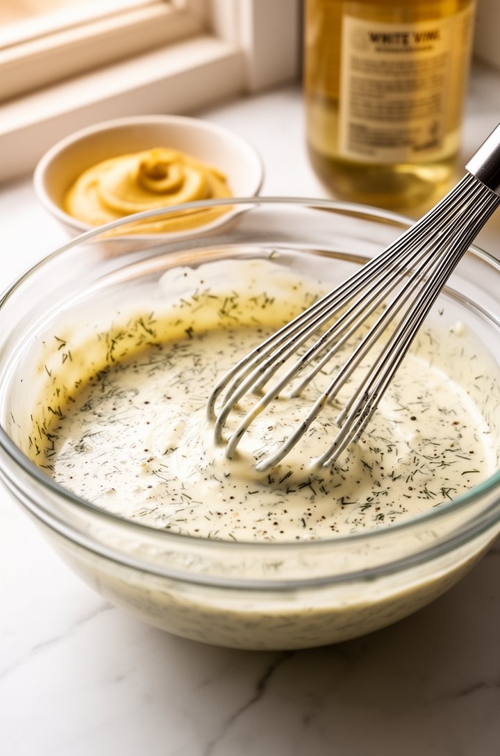 Close-up 30-degree angle of a whisk mixing creamy dill dressing in a glass mixing bowl, mayo-based dressing with visible flecks of dried green dill and specks of black pepper, smooth and glossy consis