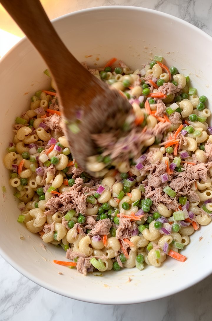 Action shot from slightly above of a large wooden spoon gently tossing tuna pasta salad in a large white ceramic bowl, shell pasta visibly coated in creamy dressing, chunks of flaked tuna, bright gree
