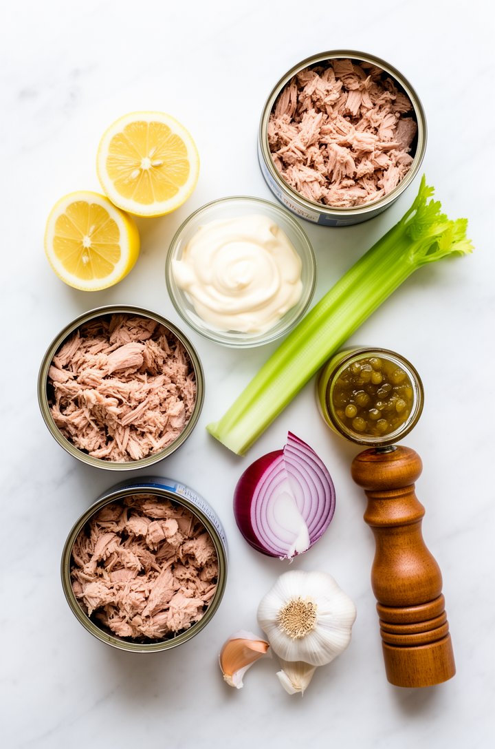 Overhead flat-lay of tuna salad ingredients arranged on a white marble surface — four opened cans of drained tuna, a small glass bowl of mayonnaise, a lemon cut in half, a rib of celery, a wedge of re