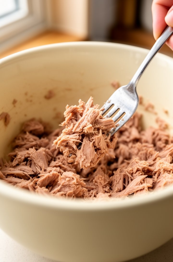 Close-up 45-degree angle of a fork breaking apart drained canned tuna in a cream-colored ceramic mixing bowl, the tuna flaking into chunky pieces, some larger flakes visible and some already broken do