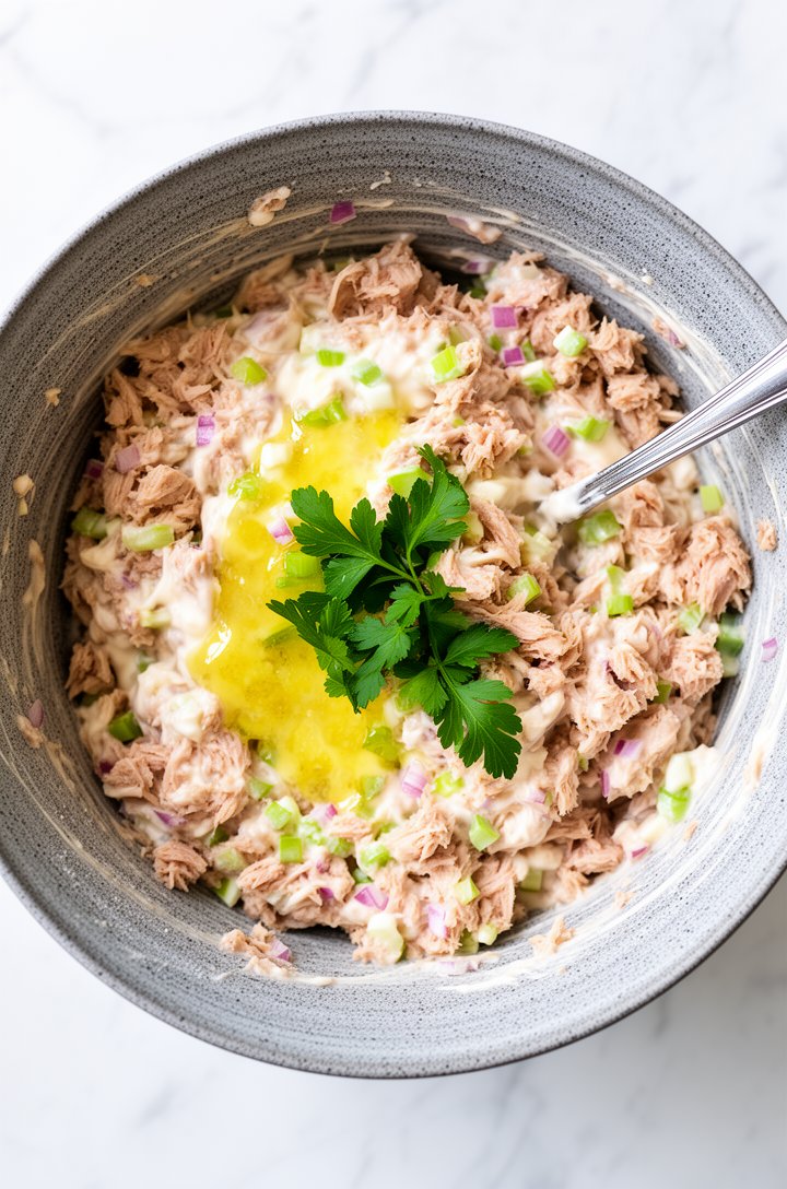 Overhead shot of the finished tuna salad being mixed together in a speckled gray ceramic bowl with a silver fork, creamy mayo coating visible on the chunky tuna, flecks of green celery and tiny bits o