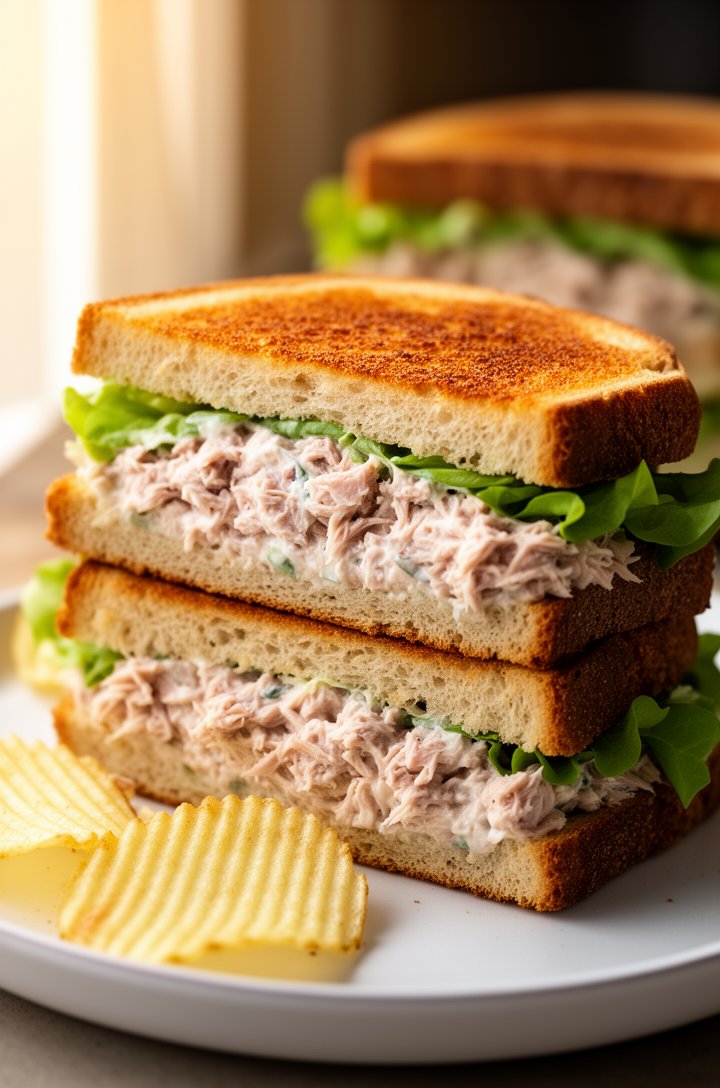 Side angle close-up of a tuna salad sandwich on toasted golden-brown sourdough bread, thick layer of creamy chunky tuna salad visible between the slices, crisp green lettuce leaf peeking out, the sand