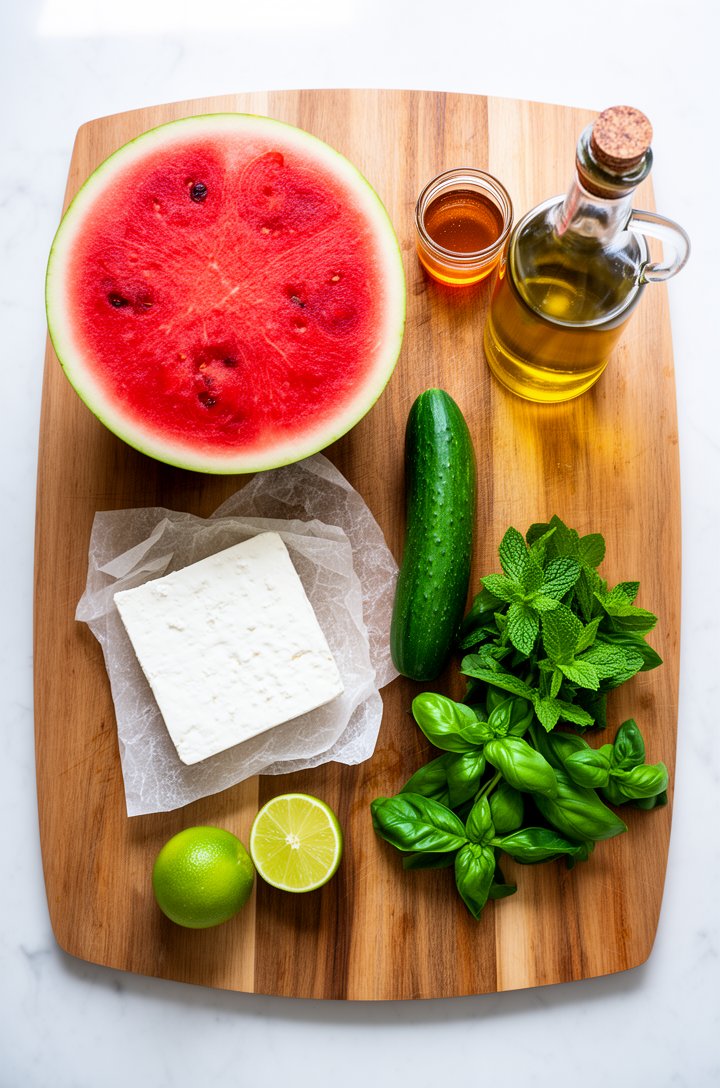 Overhead flat-lay of watermelon feta salad ingredients arranged on a large wooden cutting board — a halved watermelon showing deep red flesh, a block of white Greek feta on parchment paper, a whole En