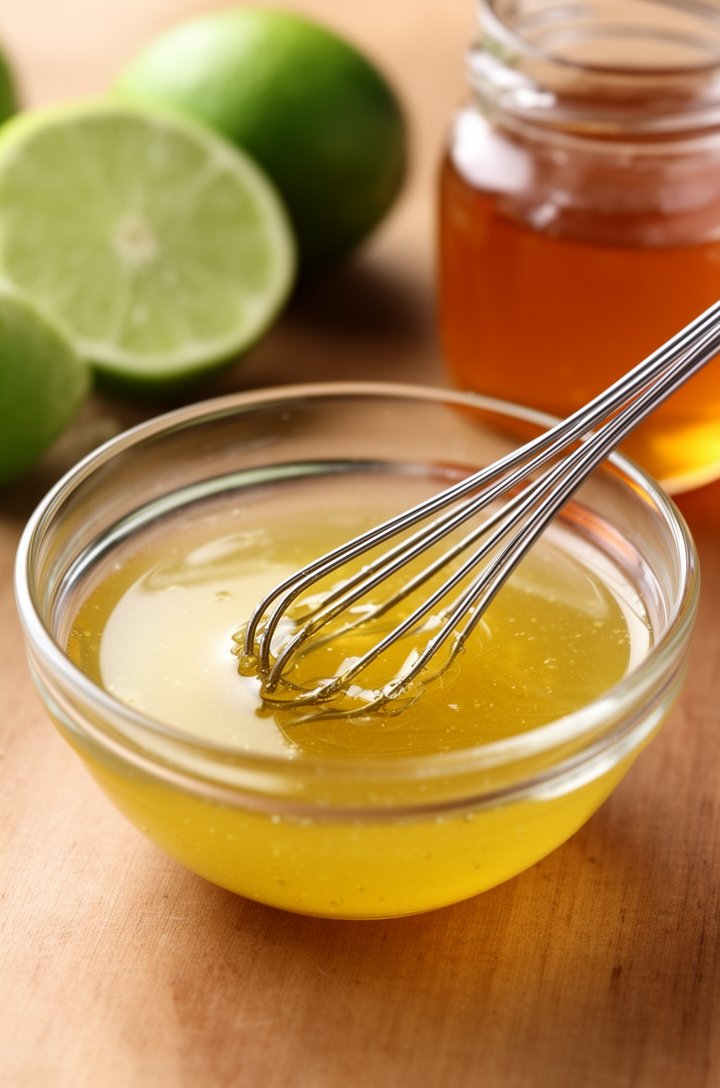 Close-up 30-degree angle of a small glass bowl with honey-lime dressing being whisked, golden honey dissolving into cloudy lime juice with a sheen of olive oil on top, a tiny whisk in the bowl, cut li