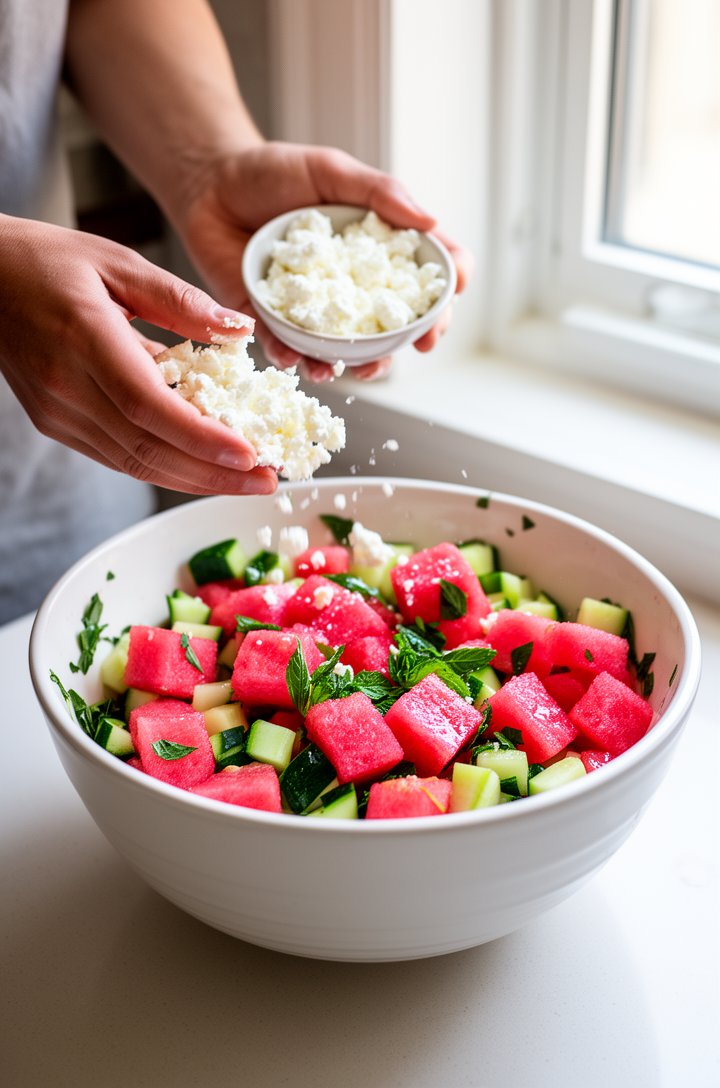 Action shot from a 45-degree angle of hands gently tossing watermelon cubes and cucumber in a large white ceramic serving bowl, bright pink watermelon cubes glistening with dressing, chopped green min