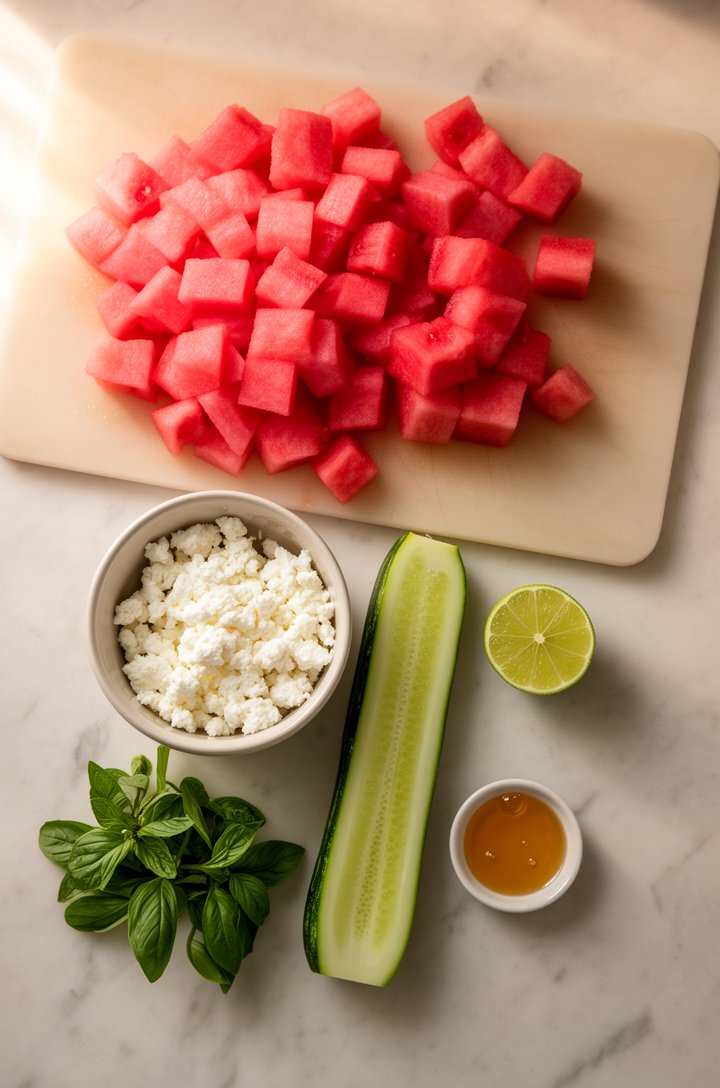 Overhead flat-lay of watermelon salad ingredients laid out on a light marble countertop — a pile of bright pink-red watermelon cubes on a cutting board, a bowl of crumbled white feta, a halved lime wi