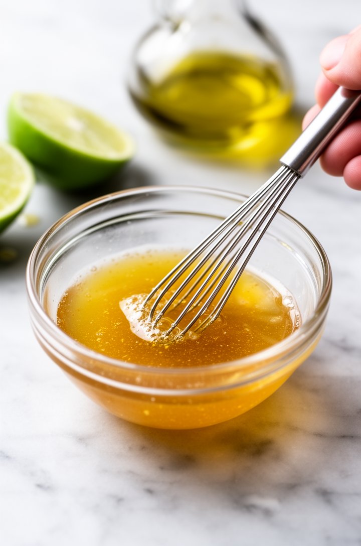Close-up 45-degree angle of a small glass bowl with golden honey-lime dressing being whisked with a small fork, visible emulsion forming, lime halves and a drizzle of olive oil nearby on a light marbl