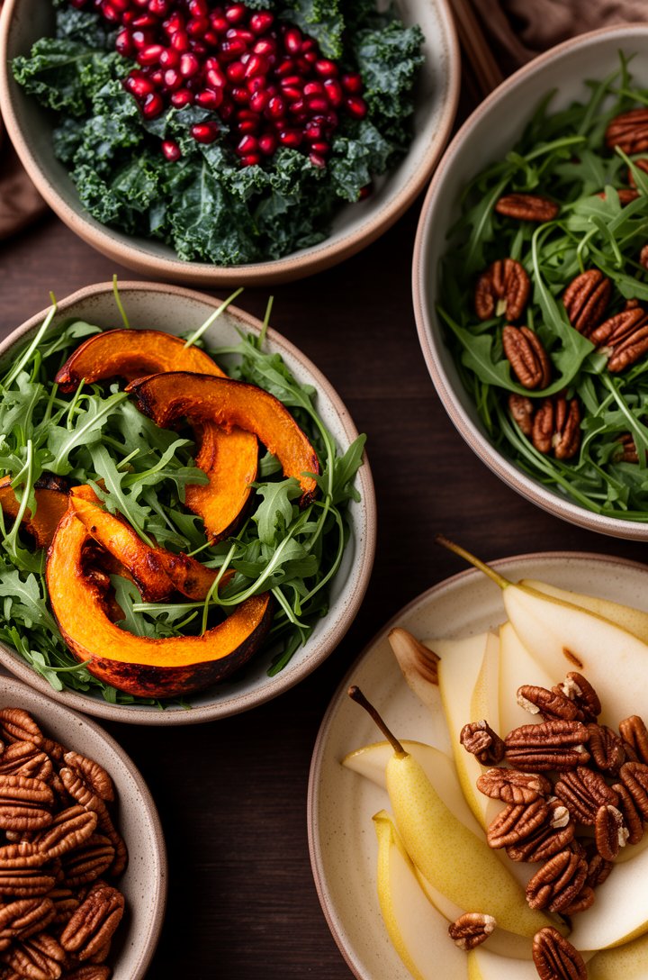 Extreme close-up overhead shot of a vibrant winter salad spread on a dark wooden table, multiple salad bowls visible including one with kale and pomegranate, one with roasted squash and arugula, and o