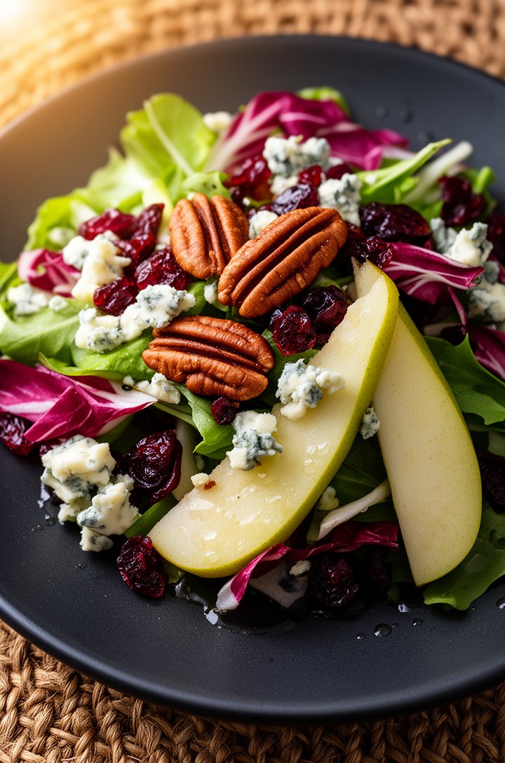 Extreme close-up macro shot of a winter salad on a dark matte plate, featuring mixed greens with radicchio, sliced green pear, whole toasted pecans with visible ridges, jewel-like dried cranberries, a