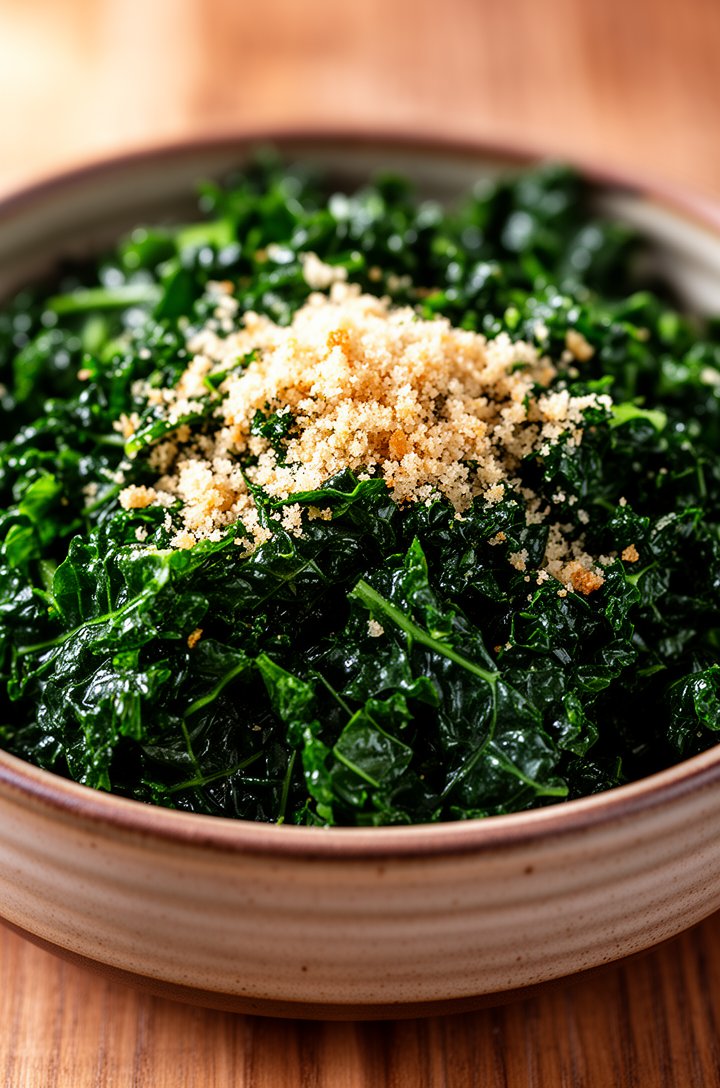 Extreme close-up macro food photography of massaged dark green Tuscan kale salad in a rustic ceramic bowl, finely torn breadcrumbs scattered across the top catching the light, visible sheen of dressin