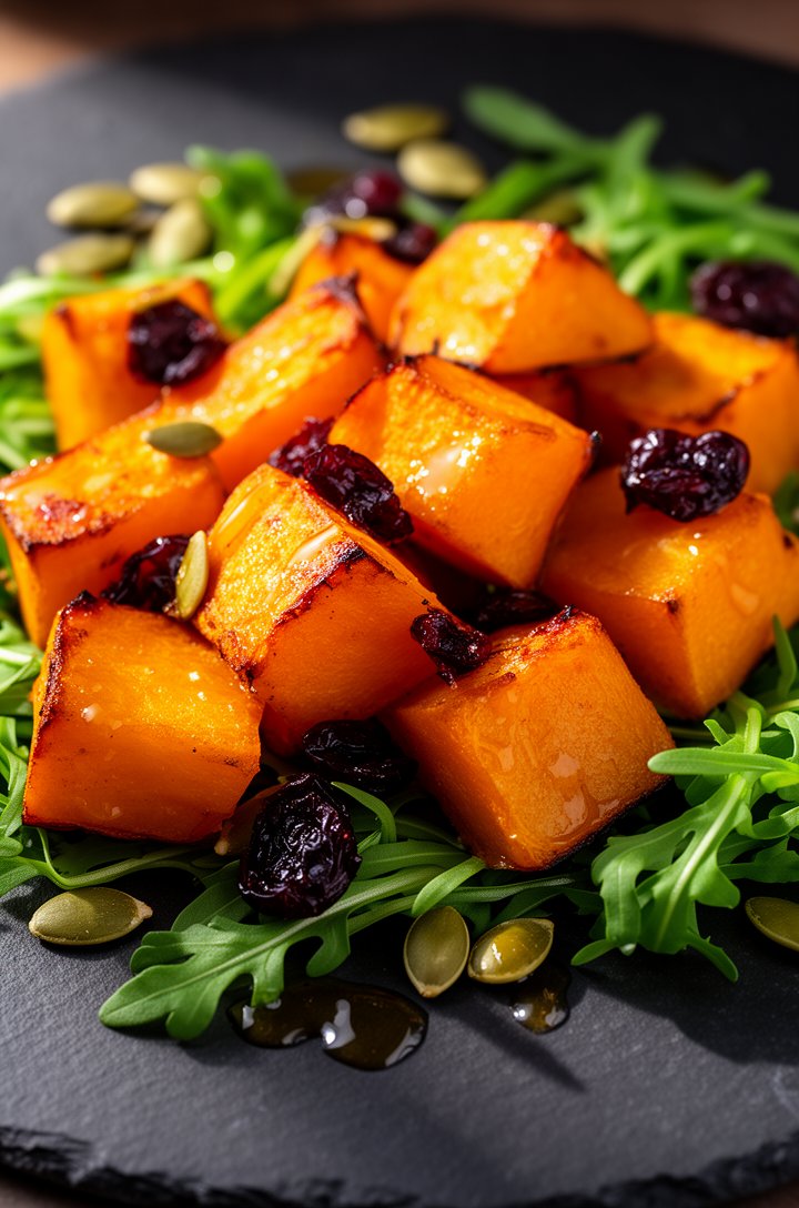Extreme close-up of roasted golden-orange butternut squash cubes with caramelized edges sitting on a bed of bright green arugula leaves, scattered pepitas and dark dried cranberries, drizzle of amber 