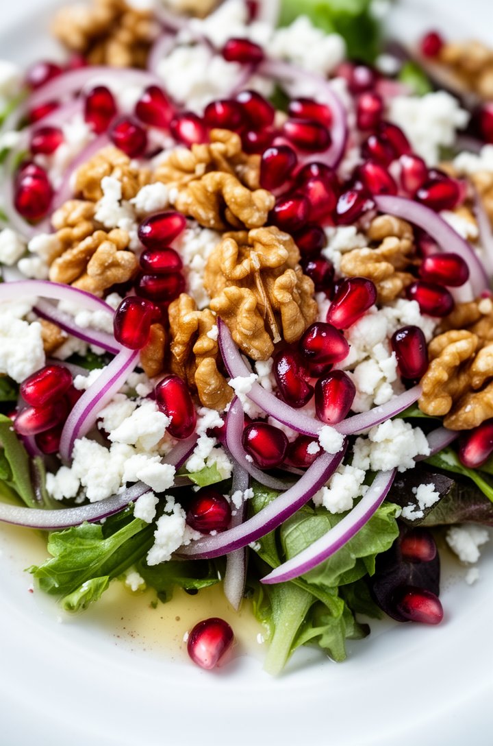 Extreme close-up overhead macro of a winter salad with glistening ruby-red pomegranate seeds scattered over mixed greens and white crumbled feta cheese, thin purple-red onion rings, golden toasted wal