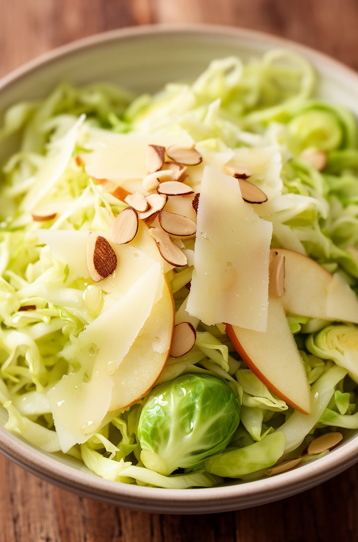 Extreme close-up macro of thinly shaved pale green Brussels sprouts in a shallow bowl, mixed with thin crisp apple slices, curled shavings of Pecorino cheese, and sliced toasted almonds, lemon vinaigr