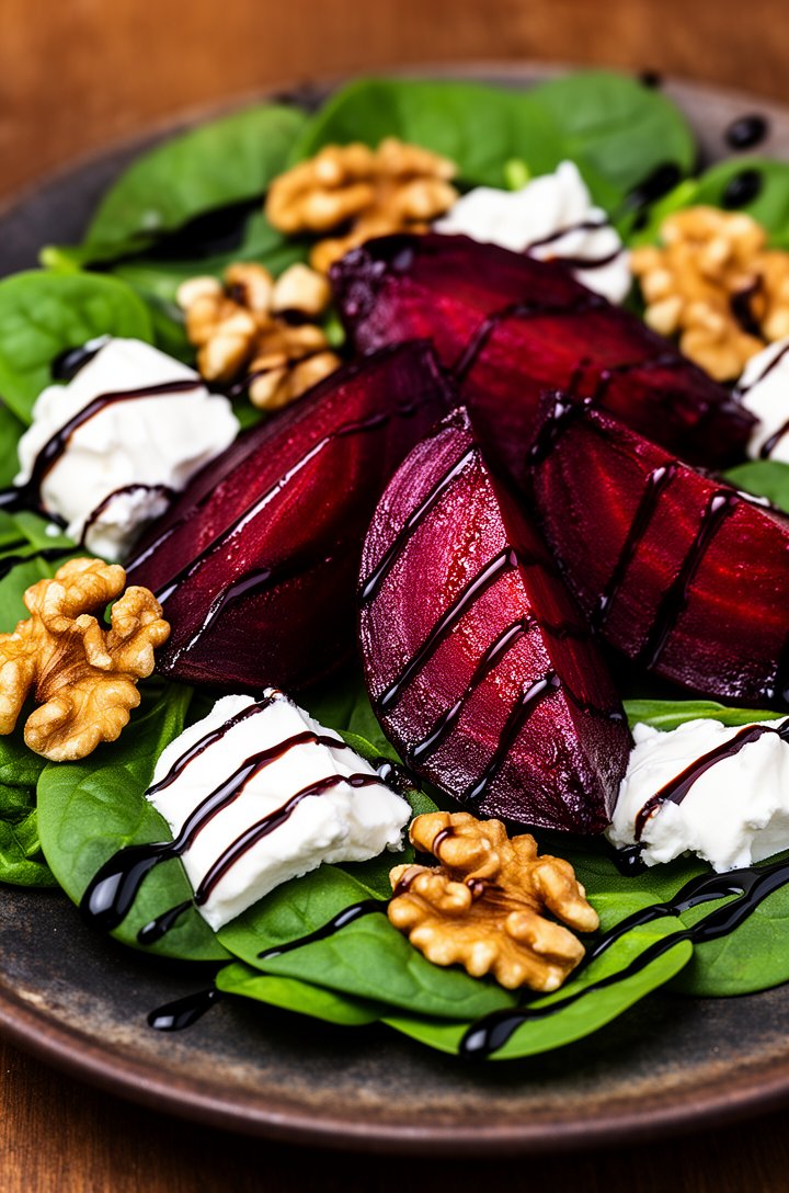 Extreme close-up of deep crimson roasted beet wedges with caramelized edges on a bed of baby spinach, dollops of white creamy goat cheese, dark balsamic reduction drizzled in thin lines, candied walnu