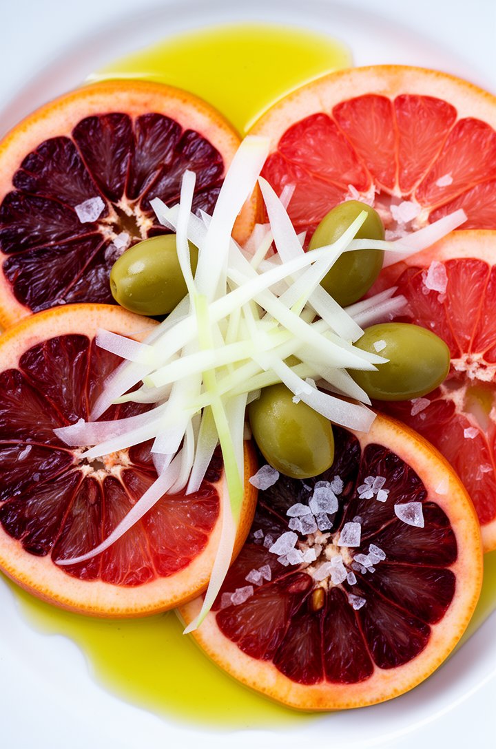 Extreme close-up macro of sliced blood orange and grapefruit wheels showing deep ruby and pink segments, paper-thin fennel shavings, bright green Castelvetrano olives, flaky sea salt crystals visible,
