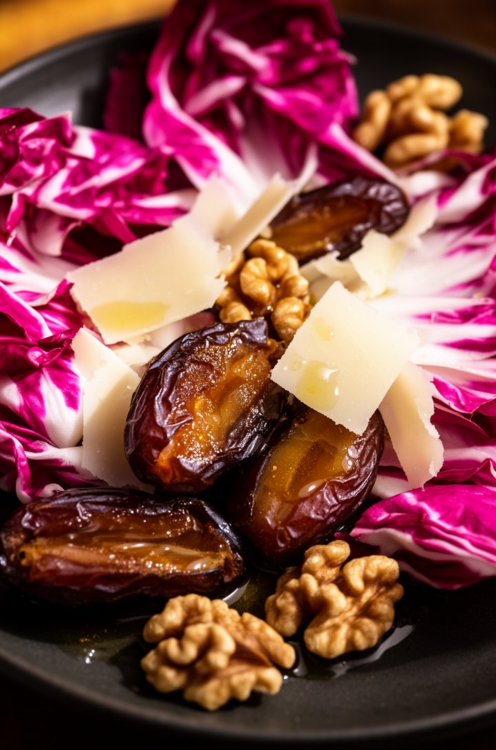Extreme close-up of vibrant magenta and white radicchio leaves torn into pieces, halved Medjool dates showing sticky caramel interior, thin Parmesan shavings, toasted walnut halves, glistening warm vi