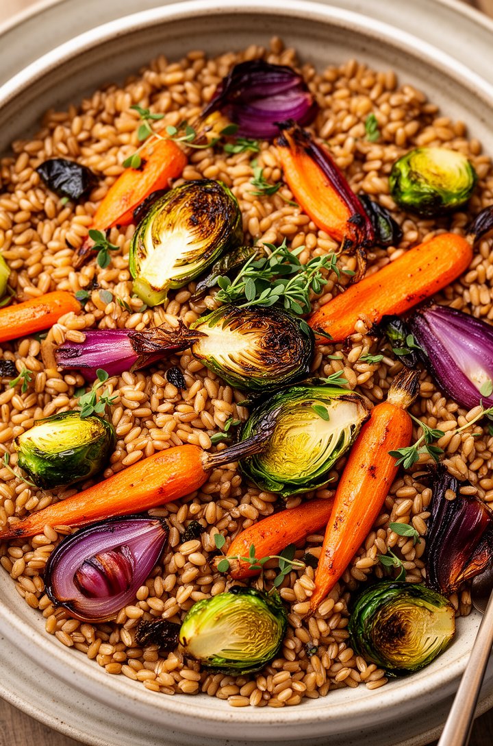 Extreme close-up macro of nutty golden farro grains mixed with caramelized roasted carrots, halved Brussels sprouts with charred edges, purple-red roasted onion wedges, fresh herbs scattered on top, i