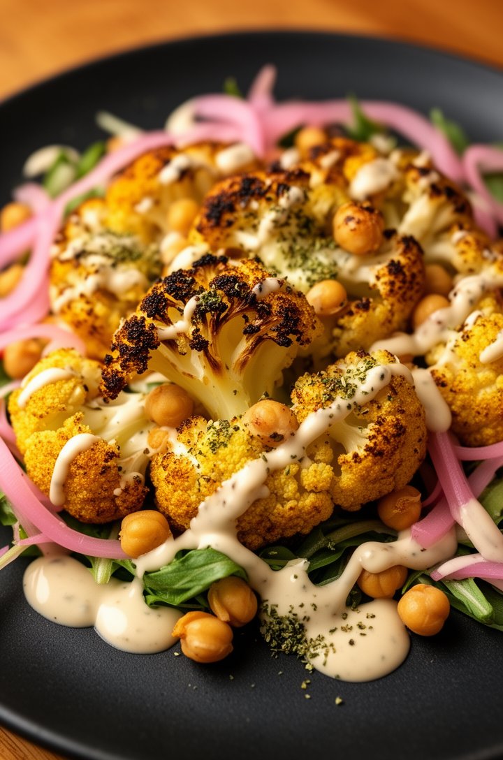 Extreme close-up of golden roasted cauliflower florets with charred edges and crispy chickpeas on a bed of greens, thin pink pickled onion rings, generous drizzle of pale tahini sauce, sprinkle of gre