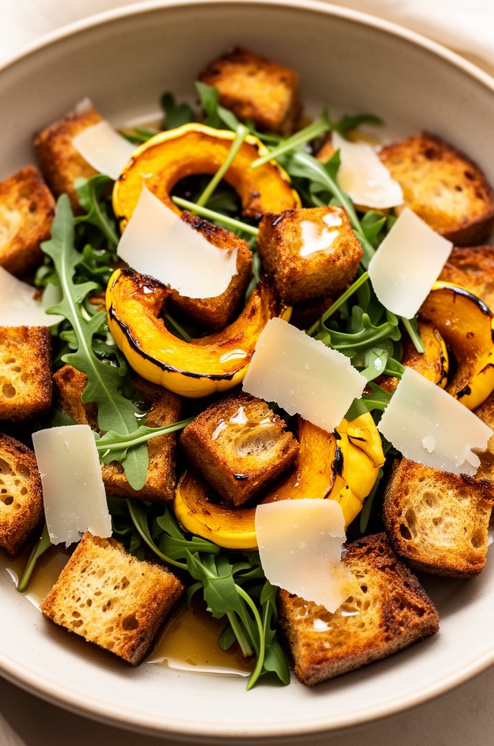 Extreme close-up macro of golden toasted sourdough bread cubes mixed with roasted delicata squash half-moons showing caramelized edges, arugula leaves, thin Parmesan shavings, glistening sherry vinaig