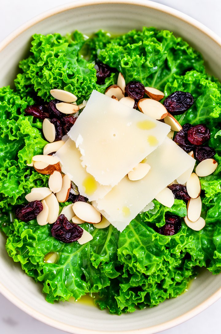 Extreme close-up of bright green massaged curly kale leaves glistening with lemon-olive oil dressing, studded with dark dried cranberries and pale sliced almonds, thin Parmesan shavings on top, in a l